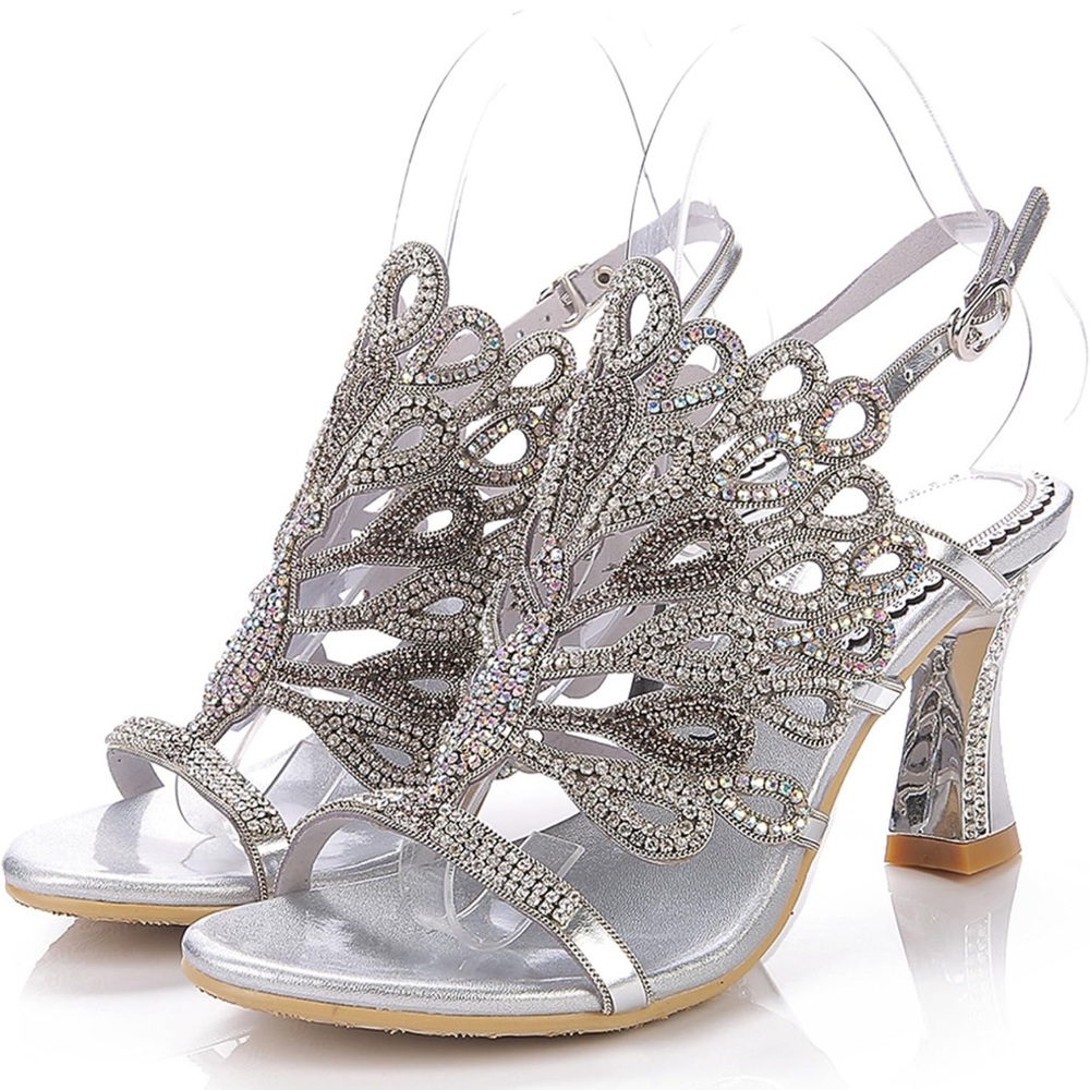 Unicrystal Women's Rhinestone Peacock Patterned Handmade Sandals with Chunky